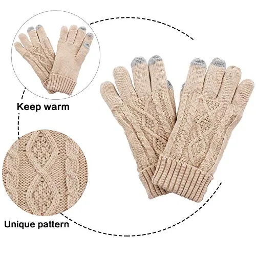 Warm Scarf Glove Hat Beanie Set - Cable Knit Winter Gift Set Pom Cap Touch Screen Glove Long Scarf 3 PCS Set for Women