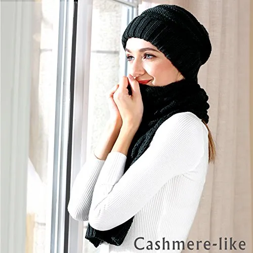 Warm Scarf Glove Hat Beanie Set - Cable Knit Winter Gift Set Pom Cap Touch Screen Glove Long Scarf 3 PCS Set for Women