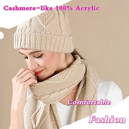 Warm Scarf Glove Hat Beanie Set - Cable Knit Winter Gift Set Pom Cap Touch Screen Glove Long Scarf 3 PCS Set for Women