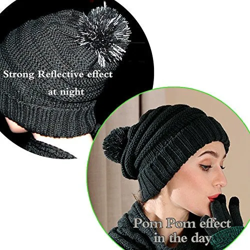 Warm Scarf Glove Hat Beanie Set - Cable Knit Winter Gift Set Pom Cap Touch Screen Glove Long Scarf 3 PCS Set for Women
