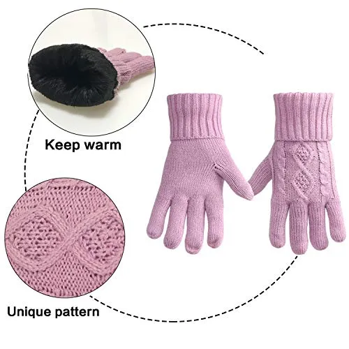Warm Scarf Glove Hat Beanie Set - Cable Knit Winter Gift Set Pom Cap Touch Screen Glove Long Scarf 3 PCS Set for Women