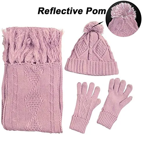 Warm Scarf Glove Hat Beanie Set - Cable Knit Winter Gift Set Pom Cap Touch Screen Glove Long Scarf 3 PCS Set for Women
