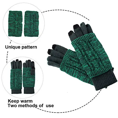Warm Scarf Glove Hat Beanie Set - Cable Knit Winter Gift Set Pom Cap Touch Screen Glove Long Scarf 3 PCS Set for Women
