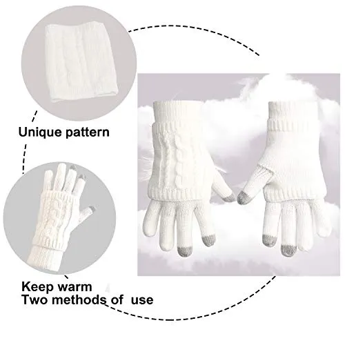 Warm Scarf Glove Hat Beanie Set - Cable Knit Winter Gift Set Pom Cap Touch Screen Glove Long Scarf 3 PCS Set for Women