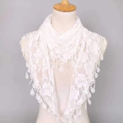 Waterdrop Tassel Lace Rose Triangle Scarf - White
