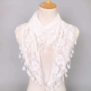 Waterdrop Tassel Lace Rose Triangle Scarf - White