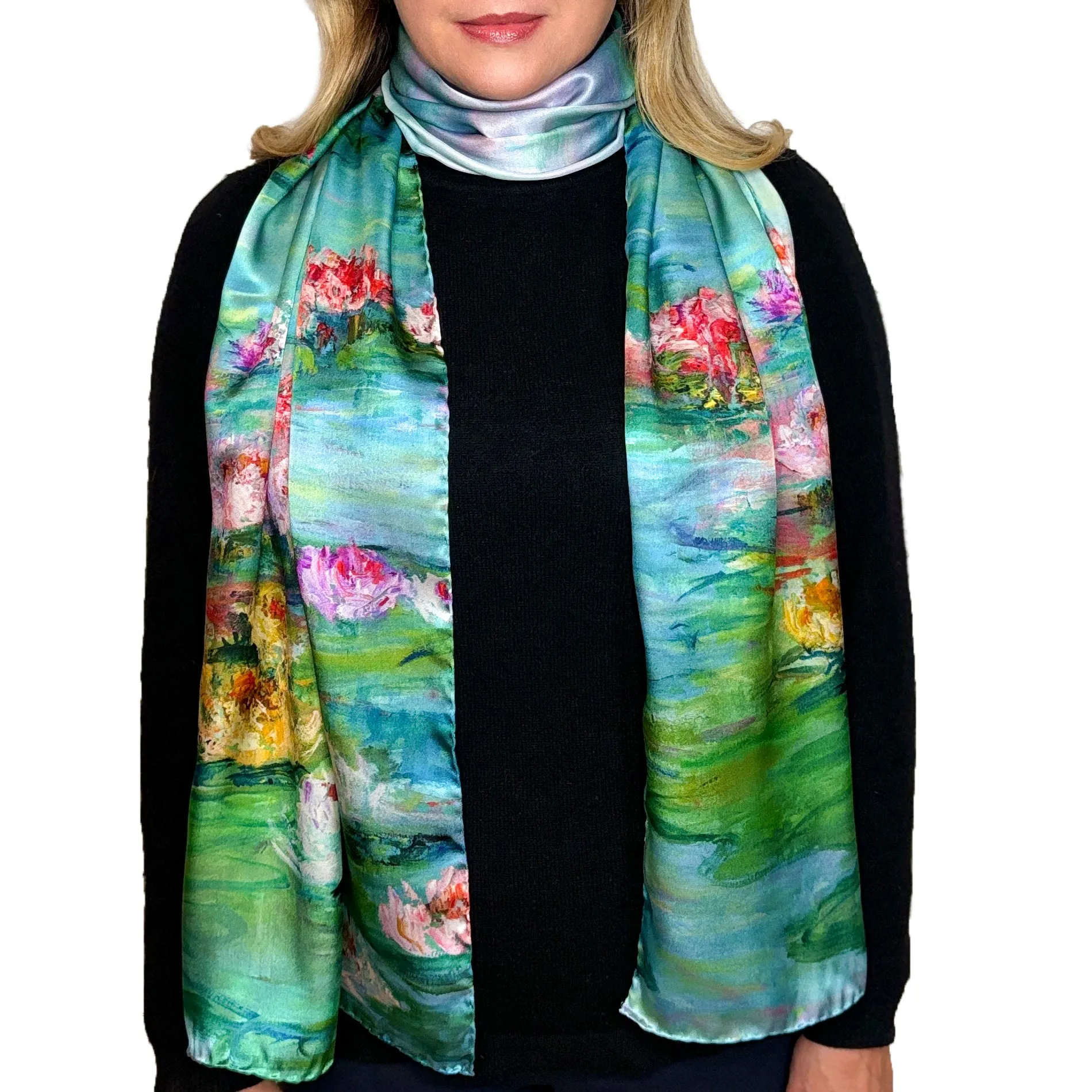 Waterlily Radiance, 75x18-inch Long Italian Silk Scarf