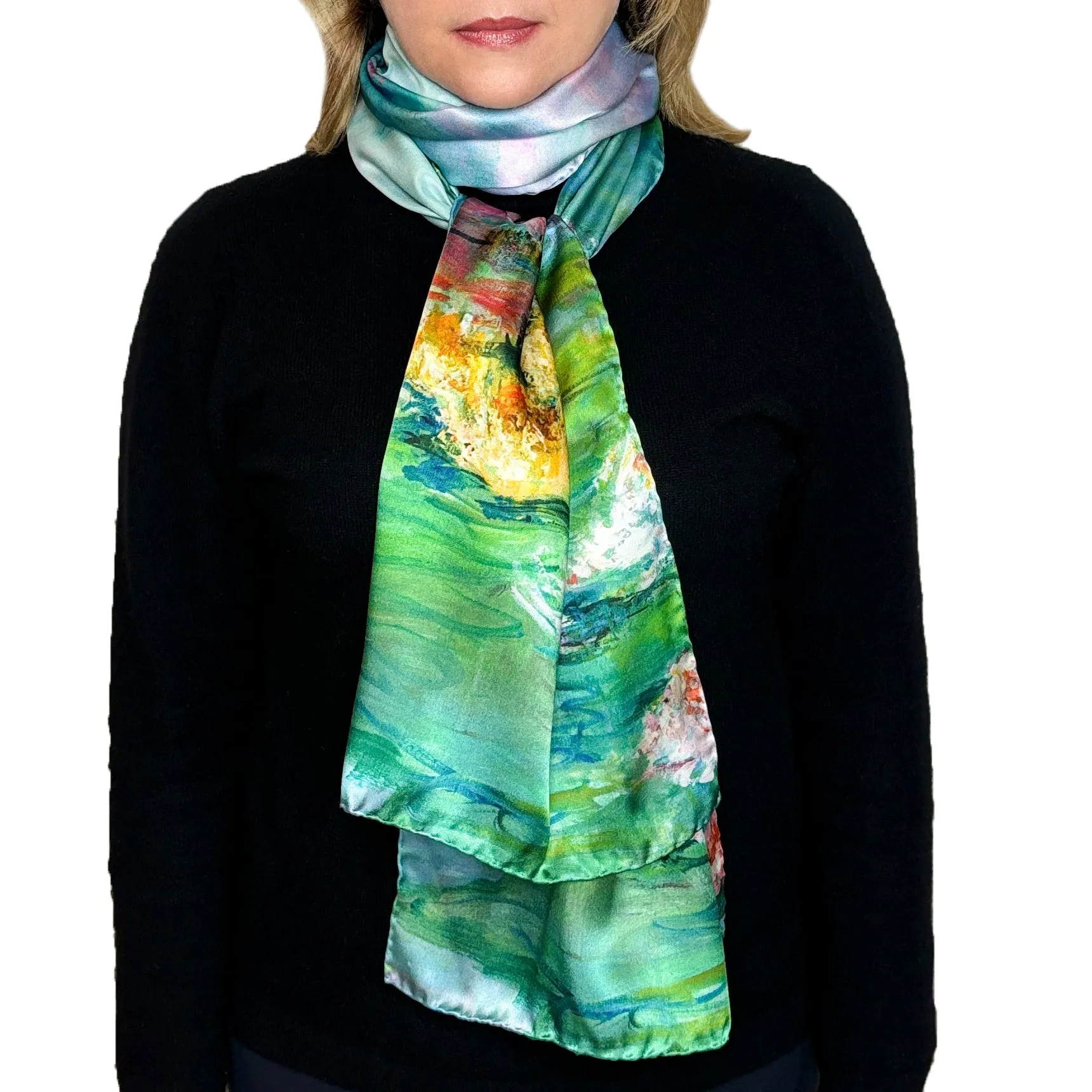 Waterlily Radiance, 75x18-inch Long Italian Silk Scarf