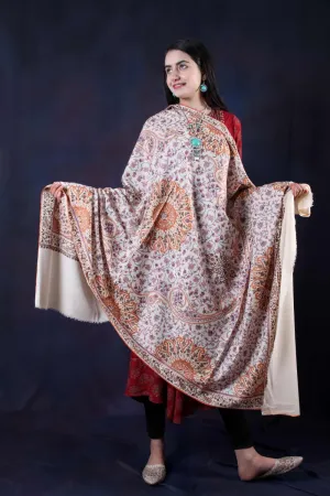 White Base  Sozni Embroidered Handwoven Jamawar Pashmina Shawl