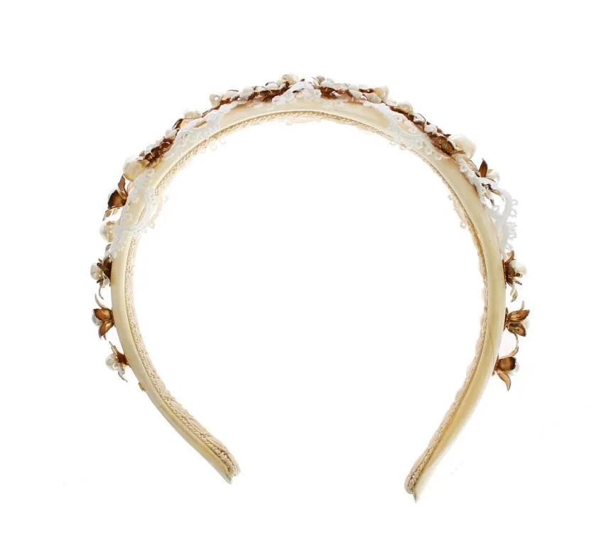 White Beige Silk Floral Lace Crystal Headband Hair Diadem
