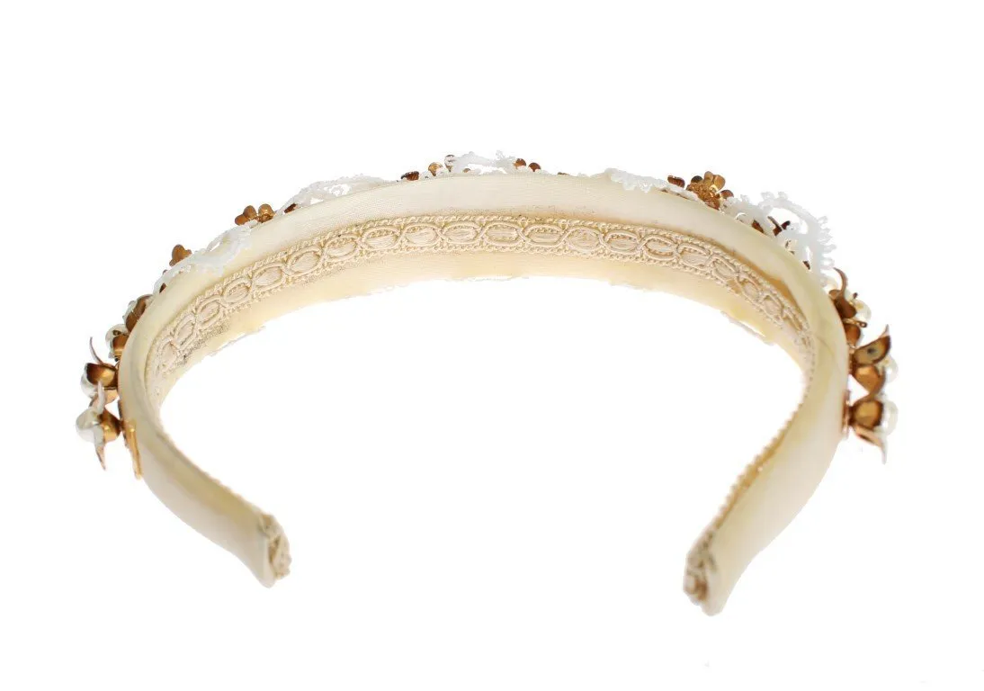 White Beige Silk Floral Lace Crystal Headband Hair Diadem