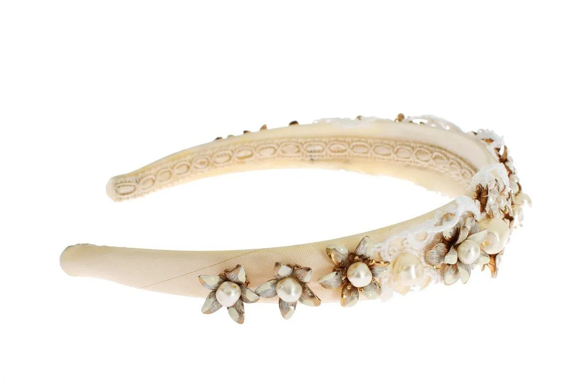 White Beige Silk Floral Lace Crystal Headband Hair Diadem