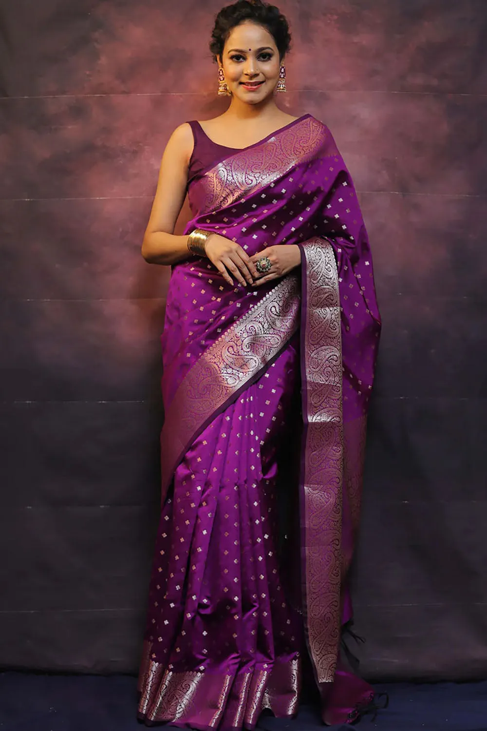 Wine Banarasi Silk Saree With Zari Weaving Work