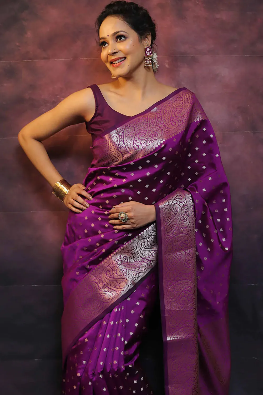 Wine Banarasi Silk Saree With Zari Weaving Work