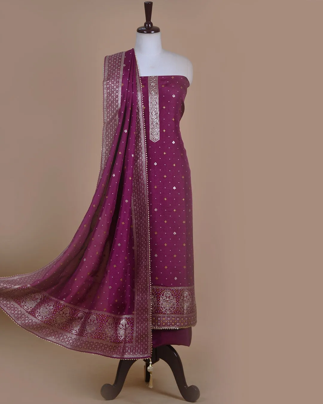 Wine Silk Viscose Blend Woven With Embroidery Unstitched Suit Fabric Set With Silk Viscose Blend Banarasi Woven Dupatta