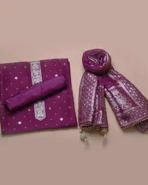 Wine Silk Viscose Blend Woven With Embroidery Unstitched Suit Fabric Set With Silk Viscose Blend Banarasi Woven Dupatta