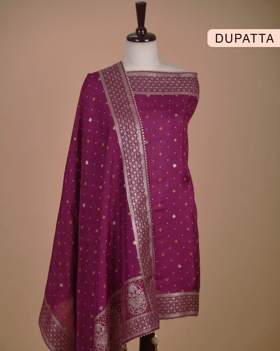 Wine Silk Viscose Blend Woven With Embroidery Unstitched Suit Fabric Set With Silk Viscose Blend Banarasi Woven Dupatta