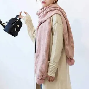 Winter Faux Fur Ball Knitted Long Scarf - Light Pink