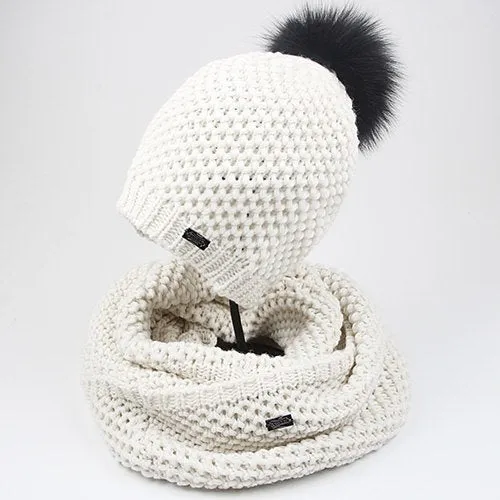 Woman Knitted Beanie Hat and Infinity Scarf Set Real Fox Fur Pom Pom Multiple Colors
