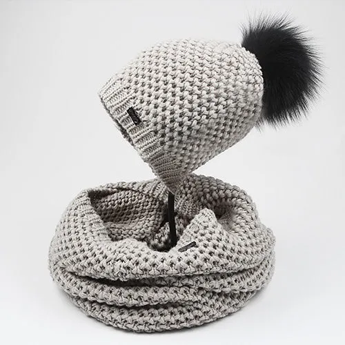 Woman Knitted Beanie Hat and Infinity Scarf Set Real Fox Fur Pom Pom Multiple Colors