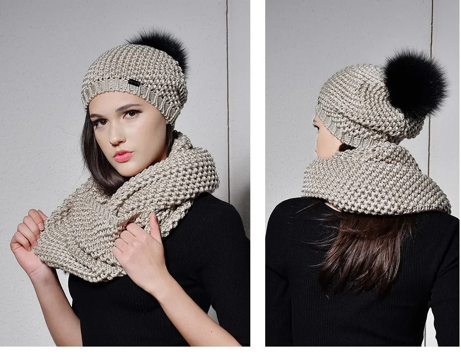 Woman Knitted Beanie Hat and Infinity Scarf Set Real Fox Fur Pom Pom Multiple Colors