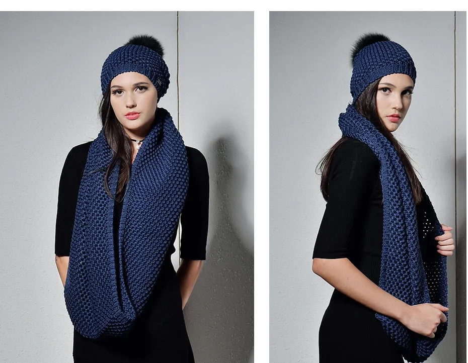 Woman Knitted Beanie Hat and Infinity Scarf Set Real Fox Fur Pom Pom Multiple Colors