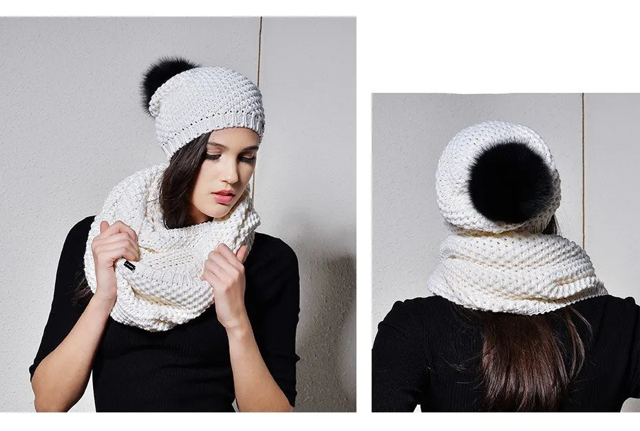 Woman Knitted Beanie Hat and Infinity Scarf Set Real Fox Fur Pom Pom Multiple Colors