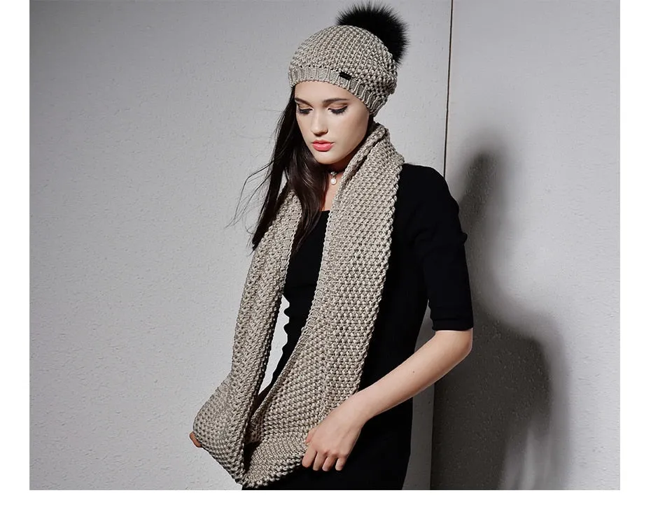 Woman Knitted Beanie Hat and Infinity Scarf Set Real Fox Fur Pom Pom Multiple Colors