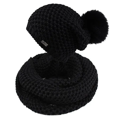 Woman Knitted Beanie Hat and Infinity Scarf Set Real Fox Fur Pom Pom Multiple Colors