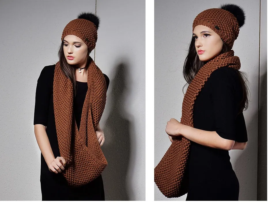 Woman Knitted Beanie Hat and Infinity Scarf Set Real Fox Fur Pom Pom Multiple Colors