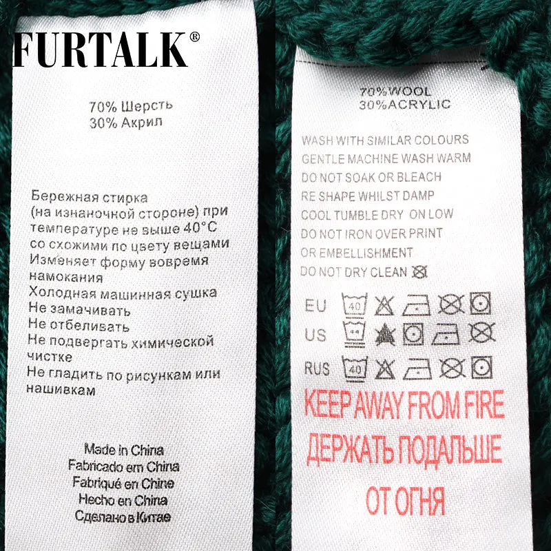 Woman Knitted Beanie Hat and Infinity Scarf Set Real Fox Fur Pom Pom Multiple Colors