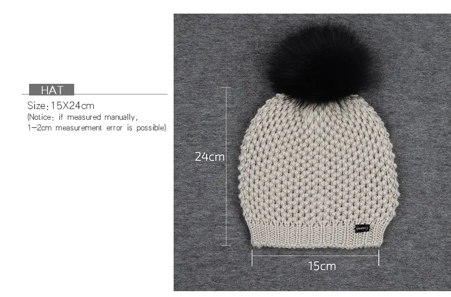 Woman Knitted Beanie Hat and Infinity Scarf Set Real Fox Fur Pom Pom Multiple Colors