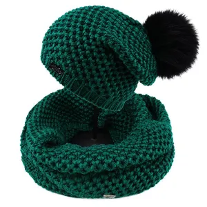 Woman Knitted Beanie Hat and Infinity Scarf Set Real Fox Fur Pom Pom Multiple Colors
