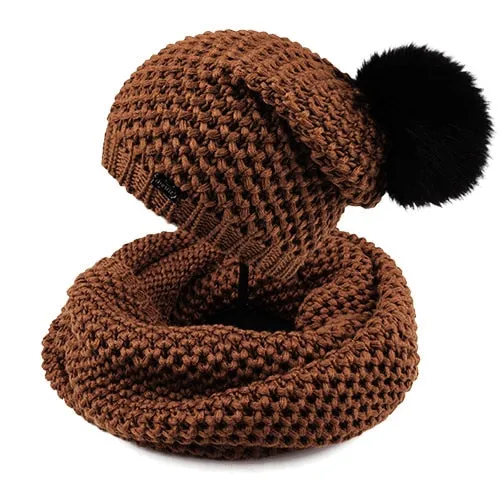 Woman Knitted Beanie Hat and Infinity Scarf Set Real Fox Fur Pom Pom Multiple Colors