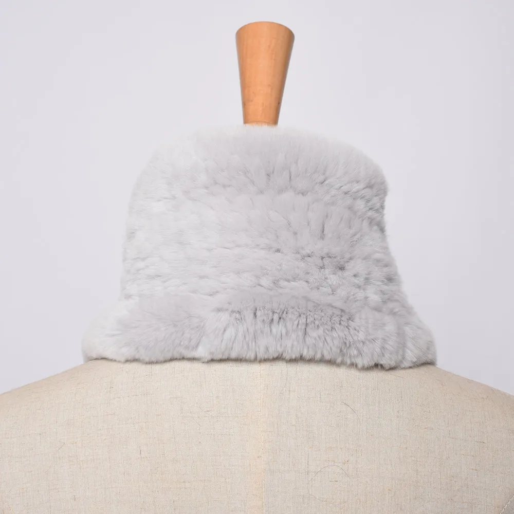 Women Winter Knitted Scarf Rex Rabbit Fur Collar Warm Neck Light Grey Pompoms