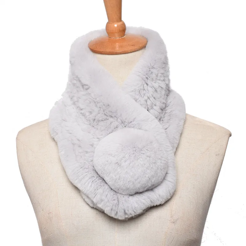 Women Winter Knitted Scarf Rex Rabbit Fur Collar Warm Neck Light Grey Pompoms