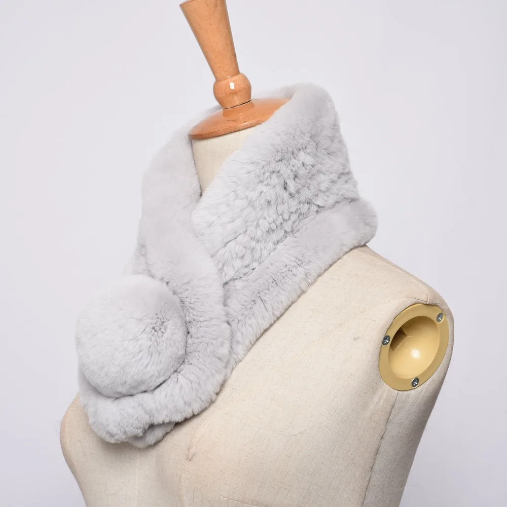 Women Winter Knitted Scarf Rex Rabbit Fur Collar Warm Neck Light Grey Pompoms