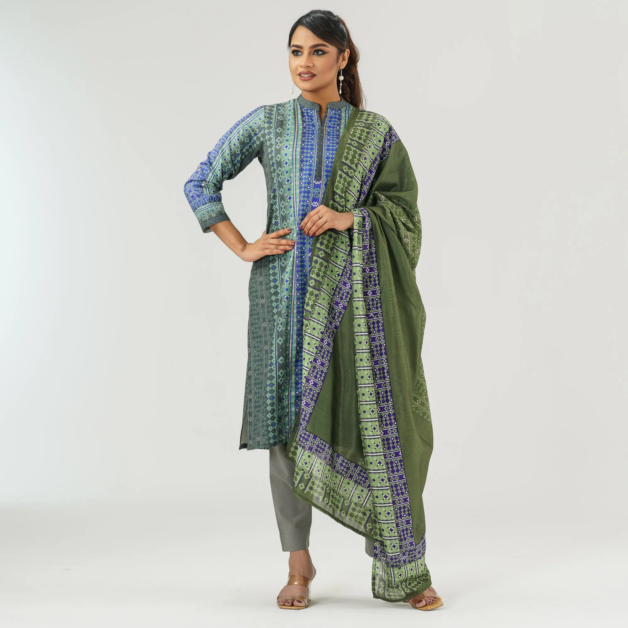 Womens Blue Printed Three Picec Set
