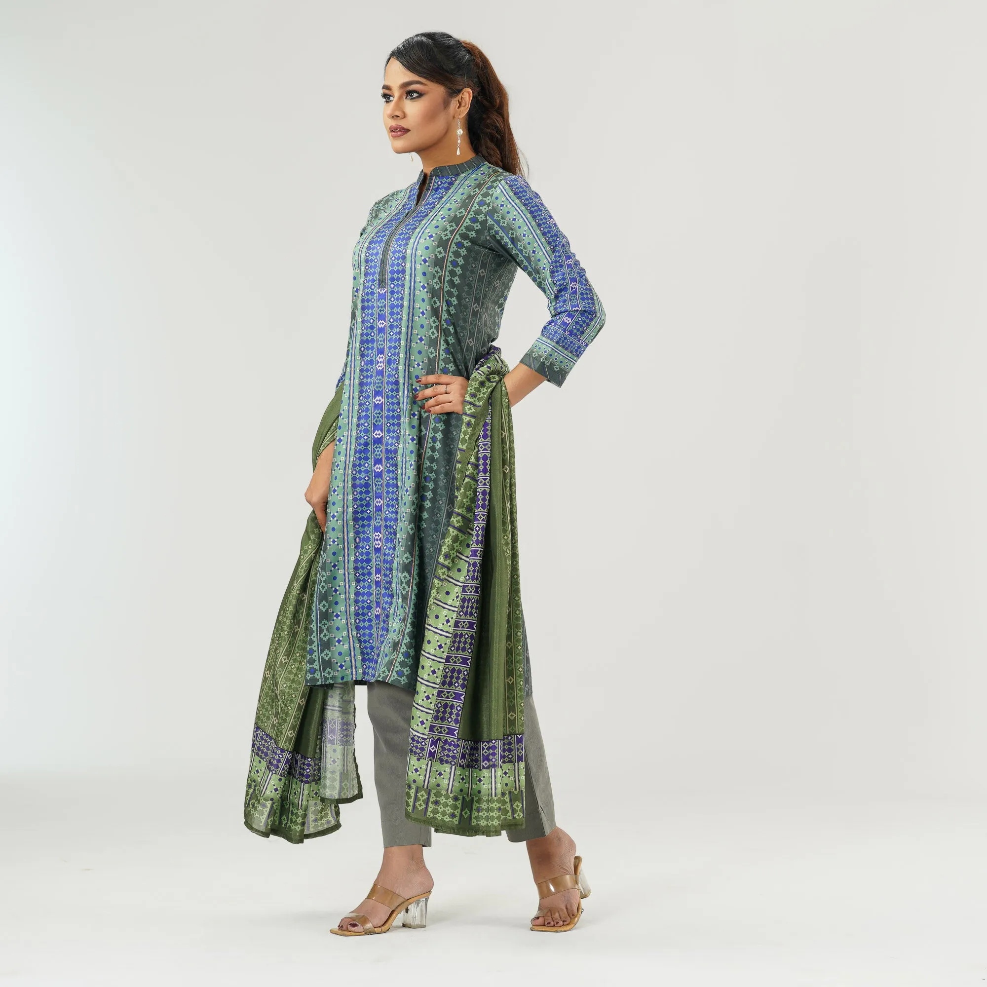 Womens Blue Printed Three Picec Set
