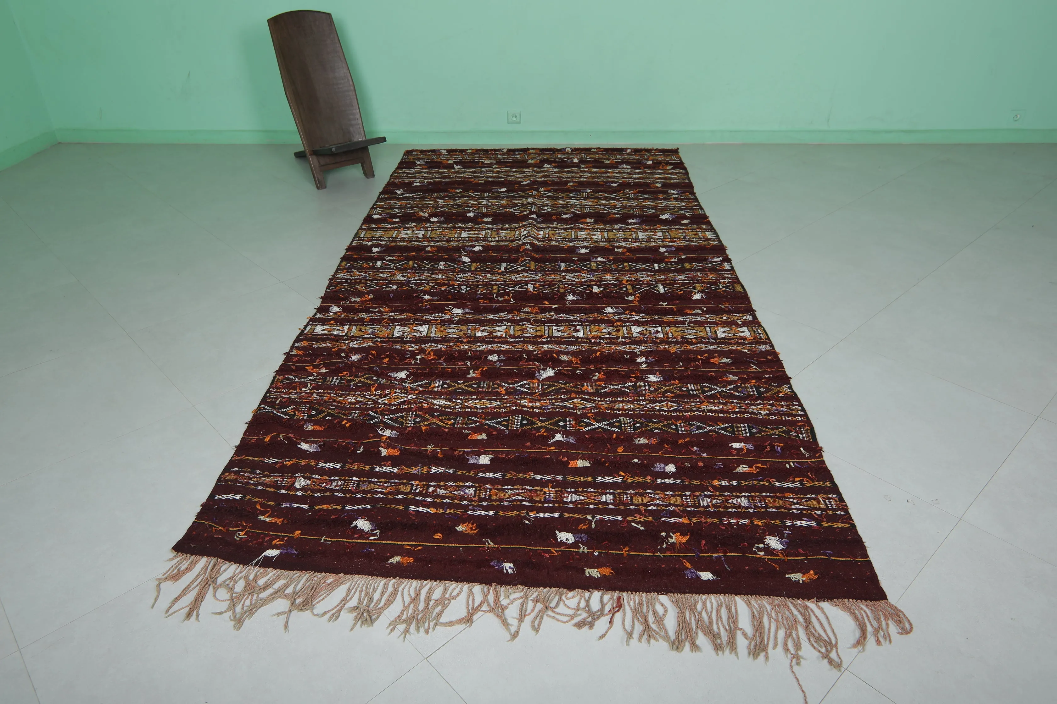 Wool and Silk Berber Kilim 5.5ft x 10.9ft - Handmade Moroccan Rug