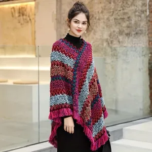 xieyinshe  Boho Knitted Tassel Shawl Geometric Color Block Scarves Vintage Colorful Striped Warm Cape Women Coldproof Scarf Cloak Cardigan For Outdoor
