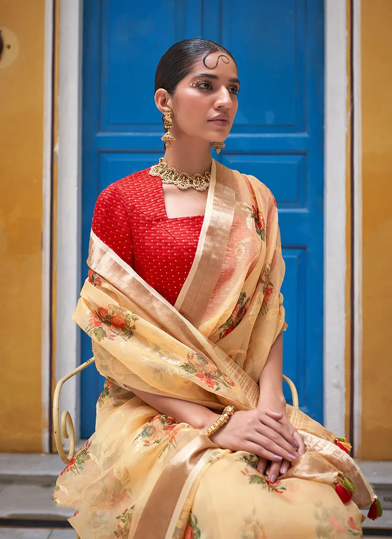 Yellow And Red Floral Organza Silk Saree With Sequence Embroidered Blouse