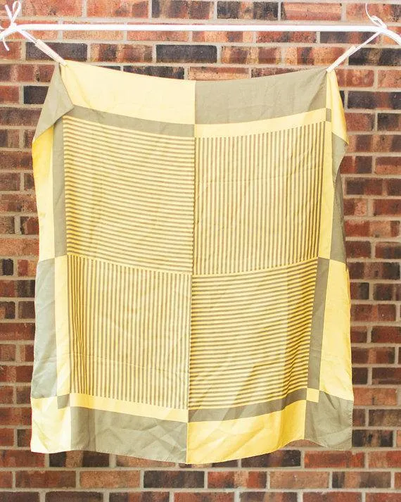Yellow and Taupe 100% Silk Scarf Geometric Lines and Squares