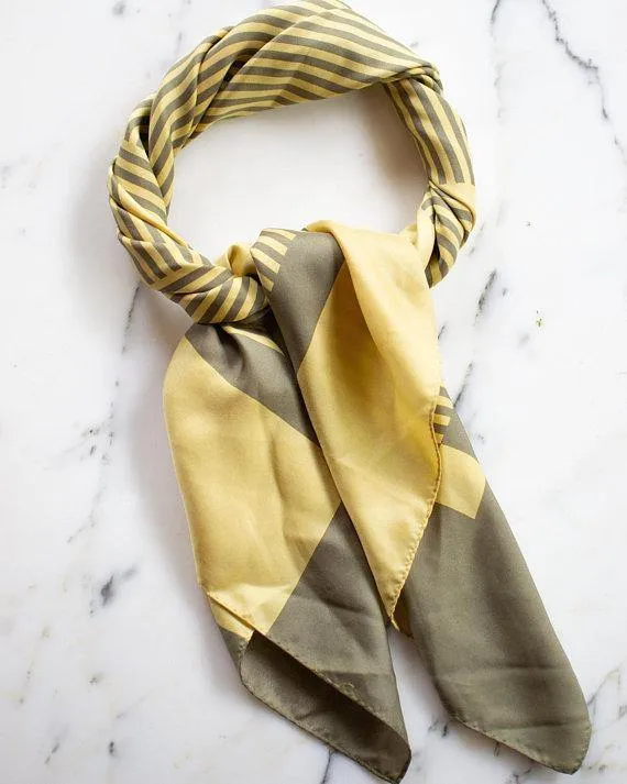 Yellow and Taupe 100% Silk Scarf Geometric Lines and Squares