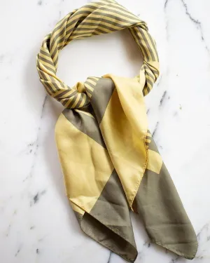 Yellow and Taupe 100% Silk Scarf Geometric Lines and Squares