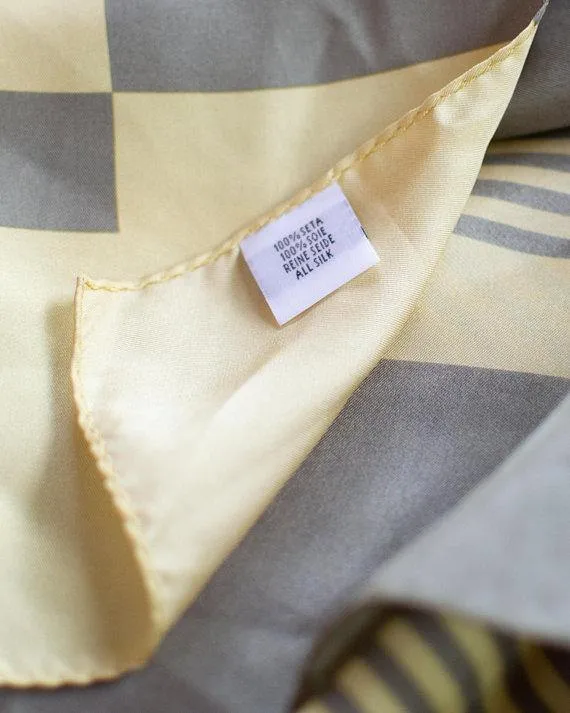 Yellow and Taupe 100% Silk Scarf Geometric Lines and Squares