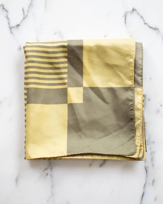 Yellow and Taupe 100% Silk Scarf Geometric Lines and Squares