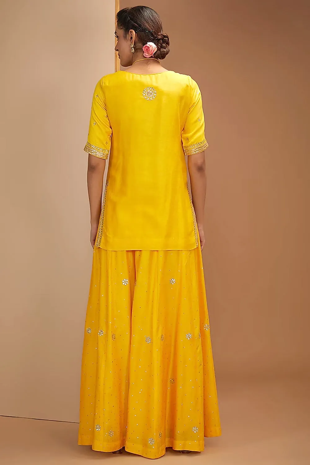 Yellow Color Dupion Silk Hand Embroidered Sharara Set