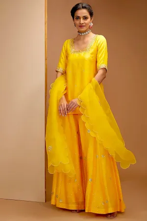 Yellow Color Dupion Silk Hand Embroidered Sharara Set