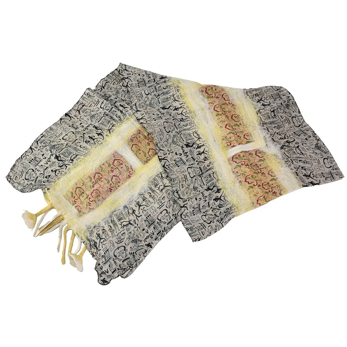 Yellow Felt and Saree Vintage Scarves with Flower Hanging